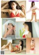 A collage of photos of a woman in a red bikini.